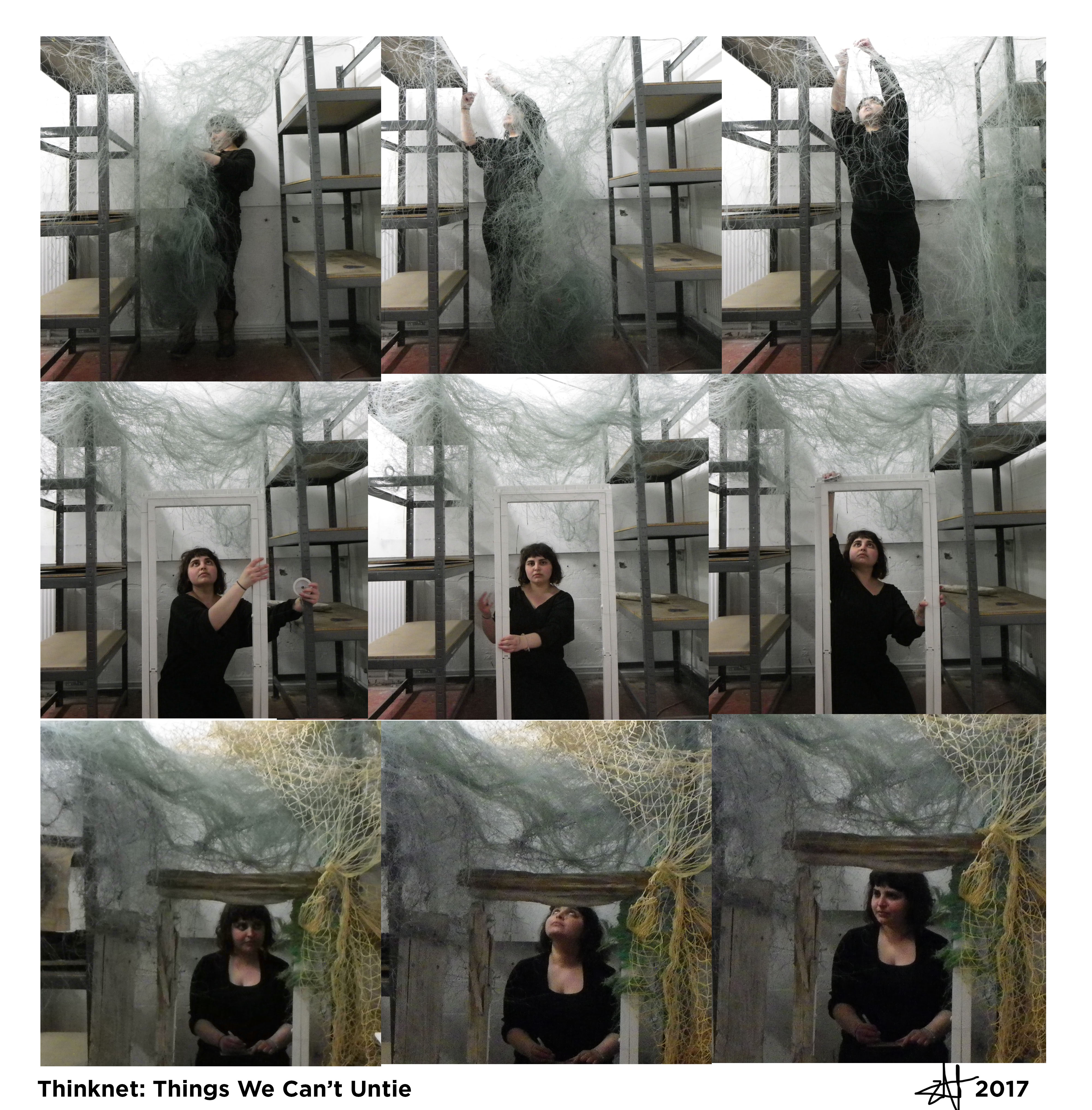 Six images show a time-lapse series of the artist building the 'think-net'