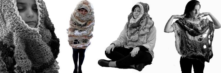 Four figures wearing lumpy tangled hand woven suits and hoods