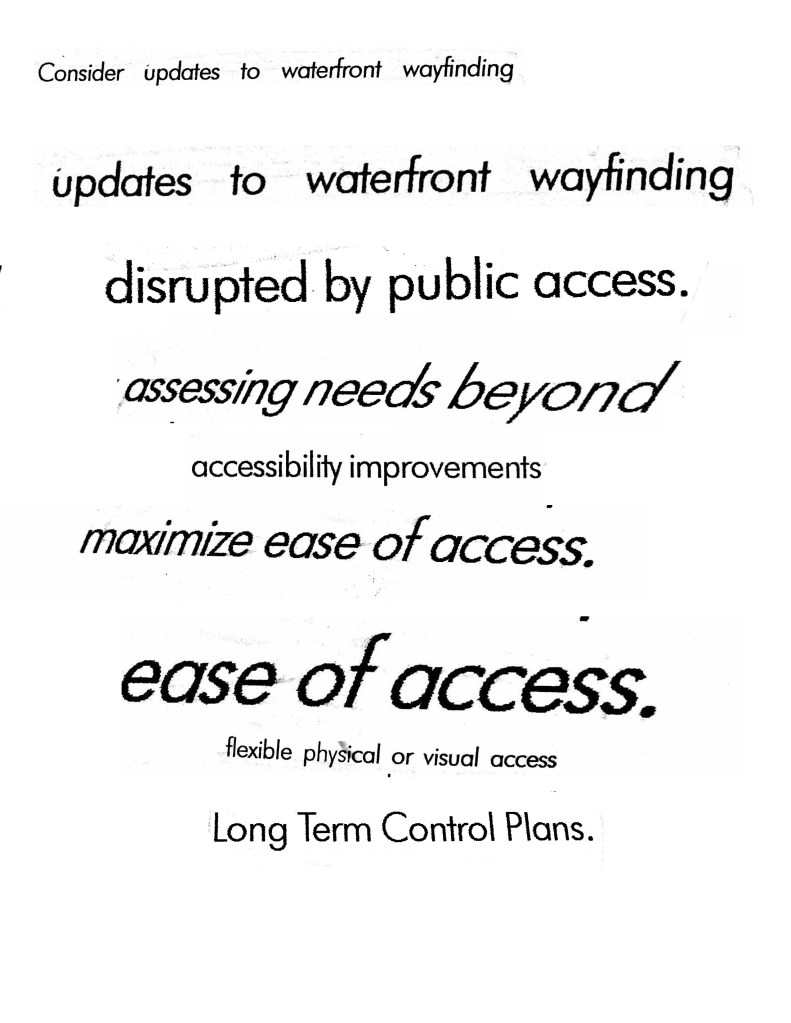 NYDCP's 2020 Waterfront Action Plan. The quotes, in order, read: consider updates to waterfront wayfinding; updates to waterfront wayfinding; disrupted by public access; assessing needs beyond; accessibility improvements; maximize ease of access;ease of access; flexible physical or visual access; Long Term Control Plans